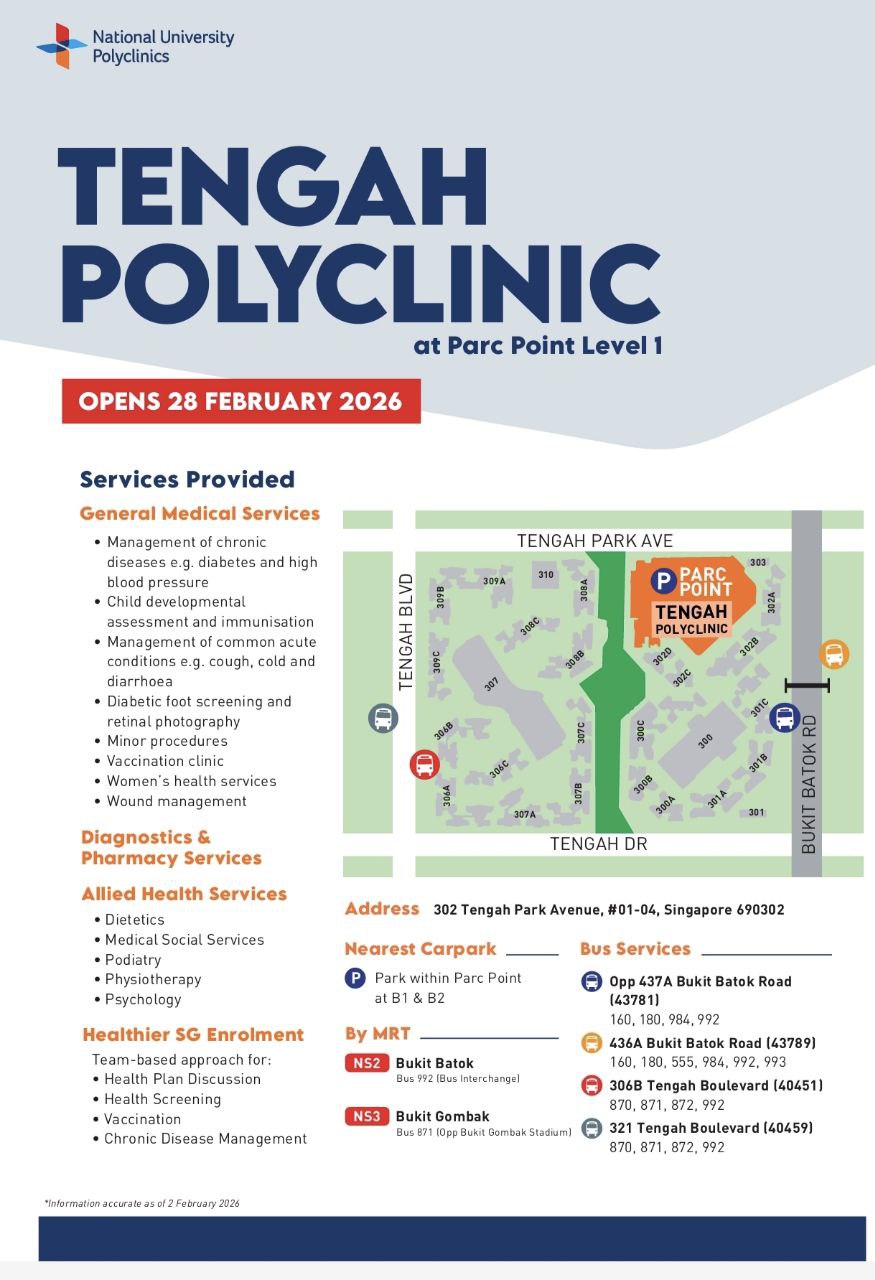 Tengah Polyclinic grand opening poster at Parc Point Level 1